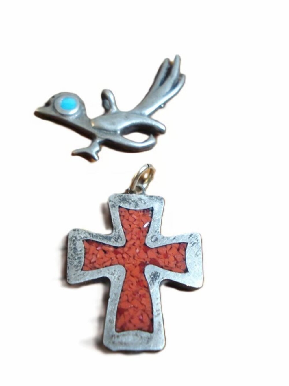Lot, Vintage Navajo Sterling Pendants, Coral Inlay Biker Cross and Roadrunner